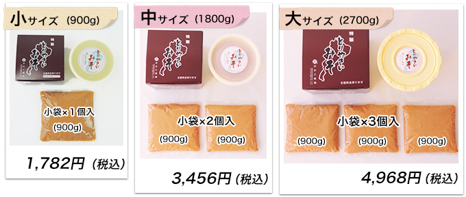 小サイズ(900g)1,782円　中サイズ(1800g)3,456円　大サイズ(2700g)4,968円